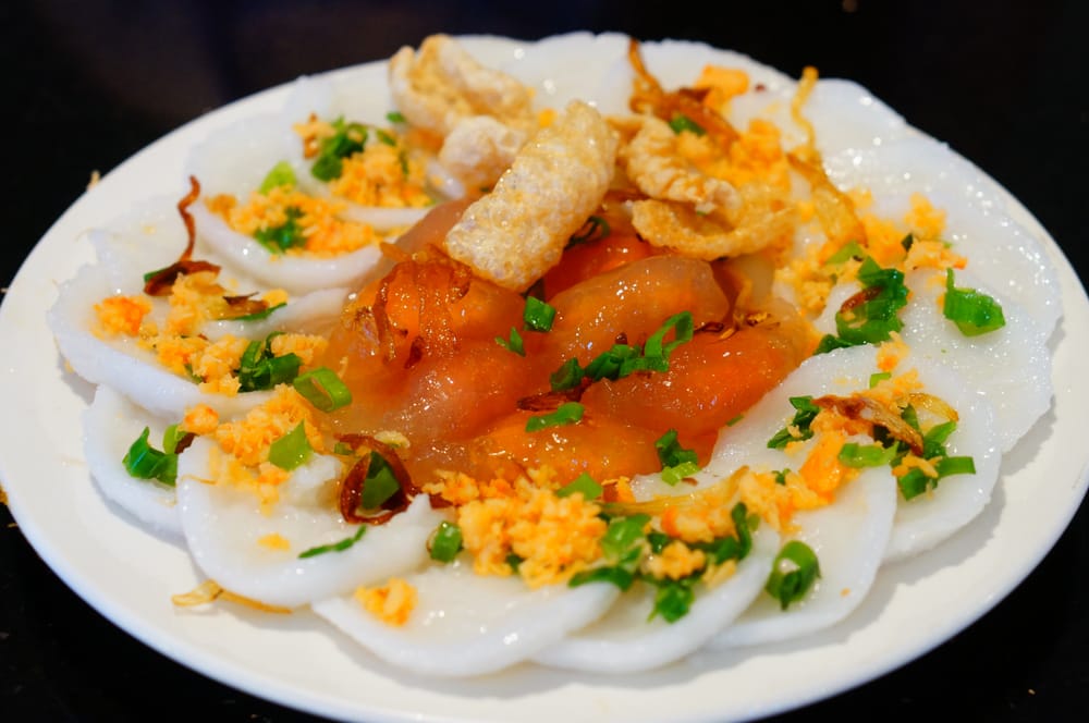 Bánh bèo: small steamed rice cakes topped with shrimp and crispy pork skin